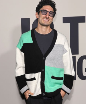 Premium color-block cardigan designed with a modern silhouette and refined detailing