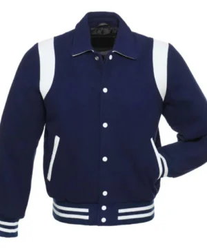 Navy and white varsity jacket with premium fabric and classic ribbed cuffs for men and women