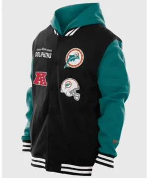 Stylish Miami Dolphins hoodie jacket featuring official NFL branding and modern fit