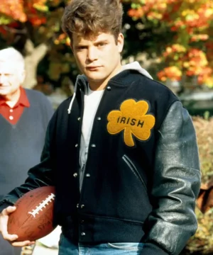 Notre Dame Rudy Irish letterman bomber jacket featuring classic college team styling, premium materials, and vintage athletic fashion appeal