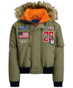 Olympic 2026 Team USA Green Hooded Bomber Jacket with USA emblem and sleek insulated design