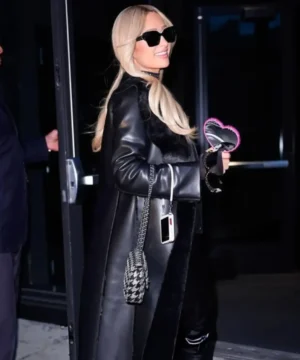 Paris Hilton inspired New York City 2026 black trench coat outerwear