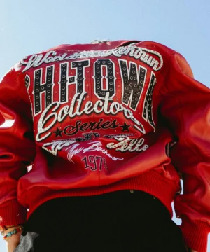 Chi Town red Pelle Pelle jacket worn by G Herbo with structured fit, durable craftsmanship, and urban celebrity style