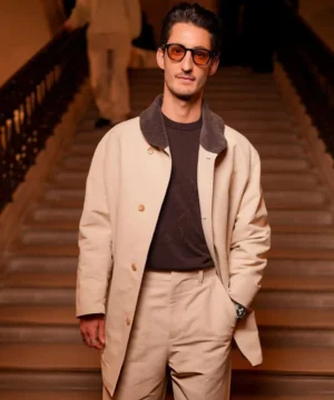 Pierre Niney Paris Fashion Week coat stylish celebrity runway outerwear