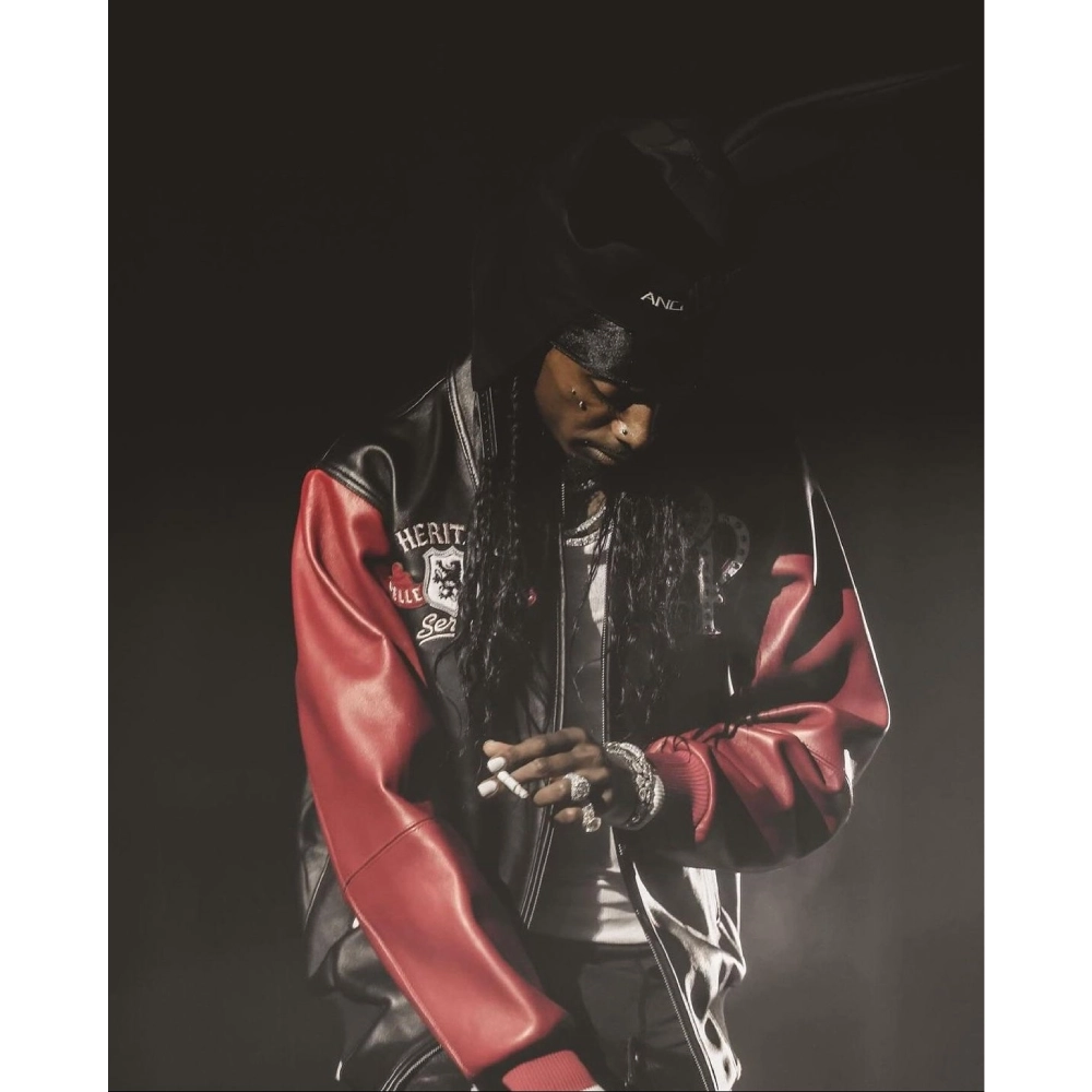 Playboi Carti Vulture Listening Heritage Pelle Pelle jacket featuring premium leather, bold streetwear design, and iconic hip-hop style