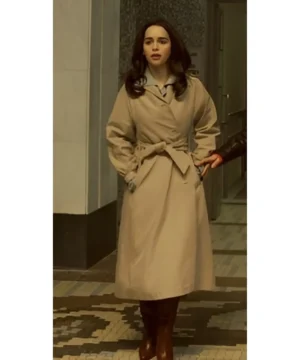 Ponies Emilia Clarke trench coat featuring elegant tailored design, premium fabric, and chic celebrity-inspired outerwear style
