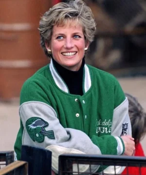 Princess Diana inspired Eagles varsity jacket showcasing bold team colors, high-quality craftsmanship, and heritage American sportswear style
