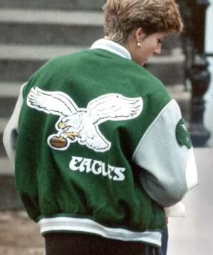 Princess Diana inspired Eagles varsity jacket showcasing bold team colors, high-quality craftsmanship, and heritage American sportswear style