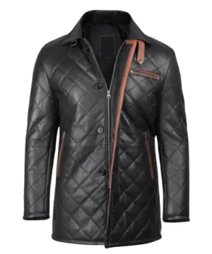 Quilted black leather coat featuring premium leather, padded design, and modern streetwear outerwear style