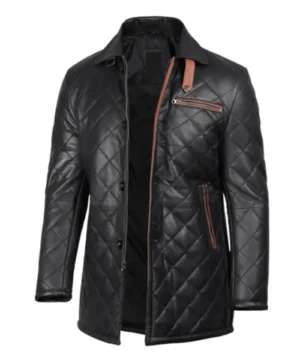 Premium black leather quilted coat combining classic outerwear aesthetics with modern padded detailing
