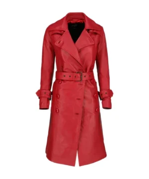 Red Seraph trench coat featuring premium fabric, longline design, and elegant sophisticated outerwear style