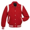Red varsity jacket with white accents featuring durable stitching and modern design