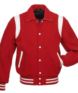 Red varsity jacket with white accents featuring durable stitching and modern design