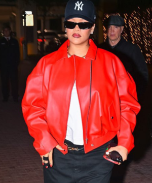 Rihanna leather jacket featured in Los Angeles 2025 with premium design and sleek finish
