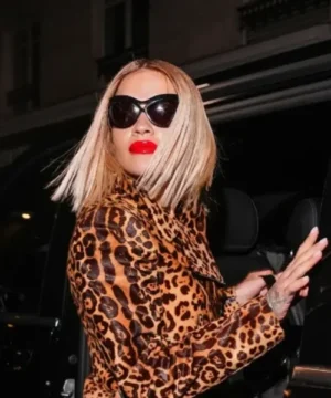 Rita Ora stylish Paris Fashion Week jacket with eye-catching print