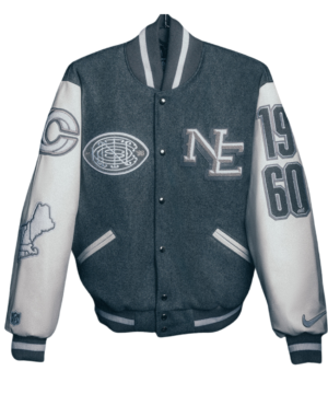 New England Patriots varsity jacket worn by Robert Kraft with AFC Divisional Playoff details, structured fit, and sporty fan fashion appeal