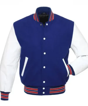 Royal blue and white varsity jacket with scholar-inspired design and premium stitching