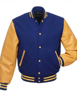 Royal gold varsity jacket with black accents featuring premium stitching and elegant design