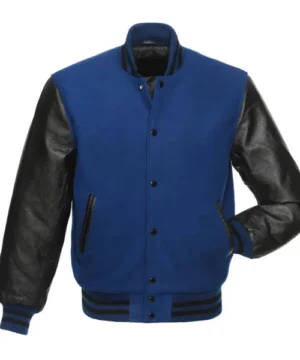 Royal blue and black varsity jacket with premium fabric and classic letterman style