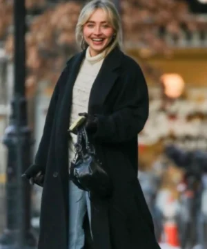 NYC inspired Sabrina Carpenter long coat featuring sleek design, refined craftsmanship and modern celebrity winter fashion aesthetics