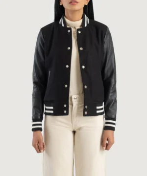 Savant black hybrid varsity jacket featuring premium materials, classic letterman design, and modern streetwear appeal