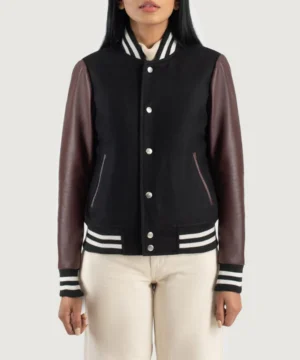 Savant maroon and black hybrid varsity jacket featuring premium materials, classic letterman design, and modern streetwear appeal