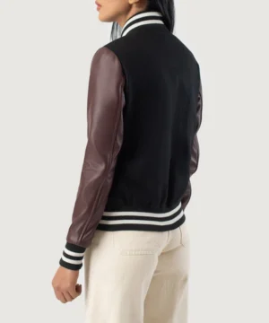 Maroon & black Savant varsity jacket with hybrid fabric construction, rib-knit trims, and structured collegiate styling
