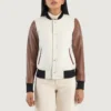 Savant white and brown hybrid varsity jacket featuring premium materials, classic letterman design, and modern streetwear appeal