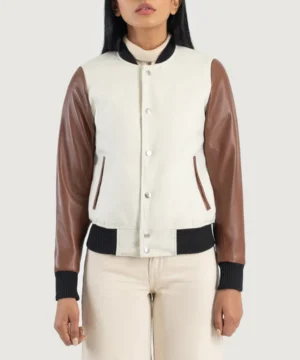 Savant white and brown hybrid varsity jacket featuring premium materials, classic letterman design, and modern streetwear appeal