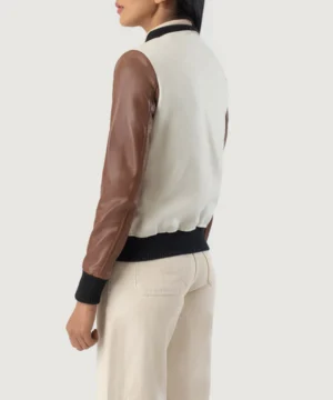 White & brown Savant varsity jacket with hybrid fabric construction, rib-knit trims, and structured collegiate styling