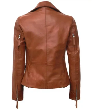 Seraphim tan leather biker jacket with durable stitching, asymmetric zip, and stylish moto-inspired look