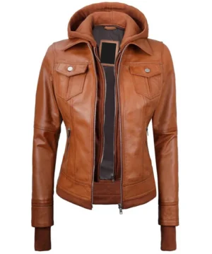 Solara tan bomber hooded jacket combining classic bomber silhouette with trendy hooded outerwear look