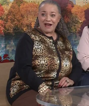 Sheila Kinnard leopard satin zip jacket featured on The Today Show 2025 with premium design
