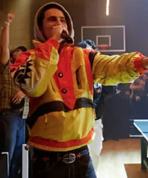 Timothée Chalamet multicolor jacket from The Underground Table Tennis Tournament look