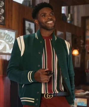 Tian Richards Tom Swift teddy varsity jacket featuring classic letterman design, premium fabric, and modern TV-inspired streetwear style