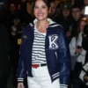 Virginie Ledoyen blue varsity jacket featuring classic letterman design, premium fabric, and celebrity-inspired streetwear style
