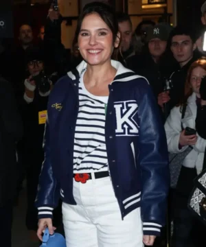 Virginie Ledoyen blue varsity jacket featuring classic letterman design, premium fabric, and celebrity-inspired streetwear style
