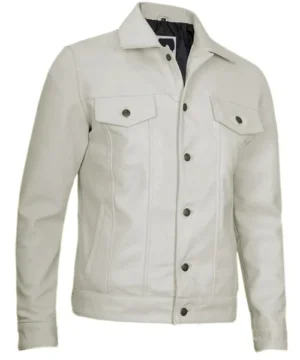 White leather trucker biker jacket crafted from premium leather with a clean structured design and bold modern appeal.