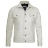 White leather trucker biker jacket crafted from premium leather with a clean structured design and bold modern appeal.