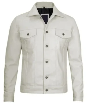 White leather trucker biker jacket crafted from premium leather with a clean structured design and bold modern appeal.