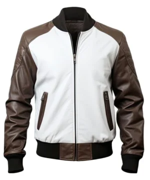 Home 24 White and brown Home Run Hero bomber jacket crafted from premium leather with a classic athletic-inspired silhouette and durable detailing.