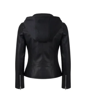 Hooded biker leather jacket showcasing classic moto detailing, strong stitching, and modern streetwear appeal
