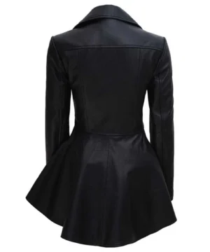 Raven black peplum leather jacket with structured fit, classic biker elements, and edgy urban fashion