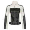 Women’s black and white biker jacket featuring premium leather, sleek moto design, and stylish streetwear appeal