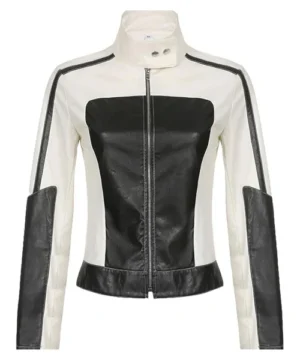Women’s black and white biker jacket featuring premium leather, sleek moto design, and stylish streetwear appeal