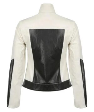 Black & white women’s leather biker jacket with structured fit, durable stitching, and contemporary moto style