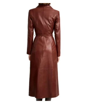 Dark brown women’s leather trench coat with tailored fit, classic lapels, and timeless sophisticated fashion appeal