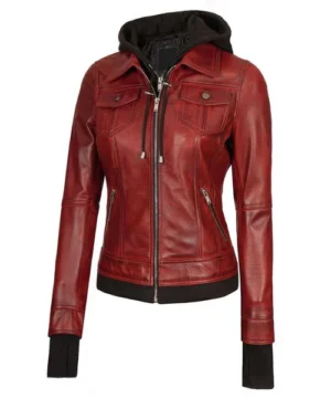 Celeste hooded leather jacket in maroon showcasing a structured fit, smooth finish, and versatile outerwear look