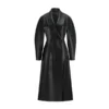 Women’s classic black full-grain leather trench coat featuring premium leather, longline design, and elegant outerwear style