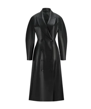 Women’s classic black full-grain leather trench coat featuring premium leather, longline design, and elegant outerwear style
